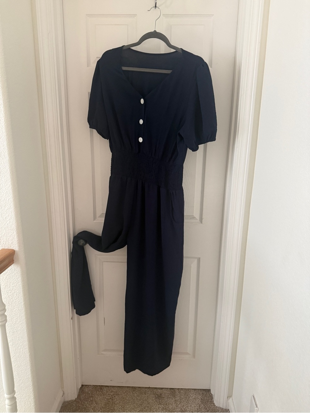 LOOKBOhO Navy Blue Smocked Waist Wide Leg Jumpsuit NWT
